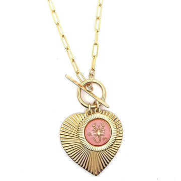 Ribbed Heart & Pink Zodiac Toggle Necklace