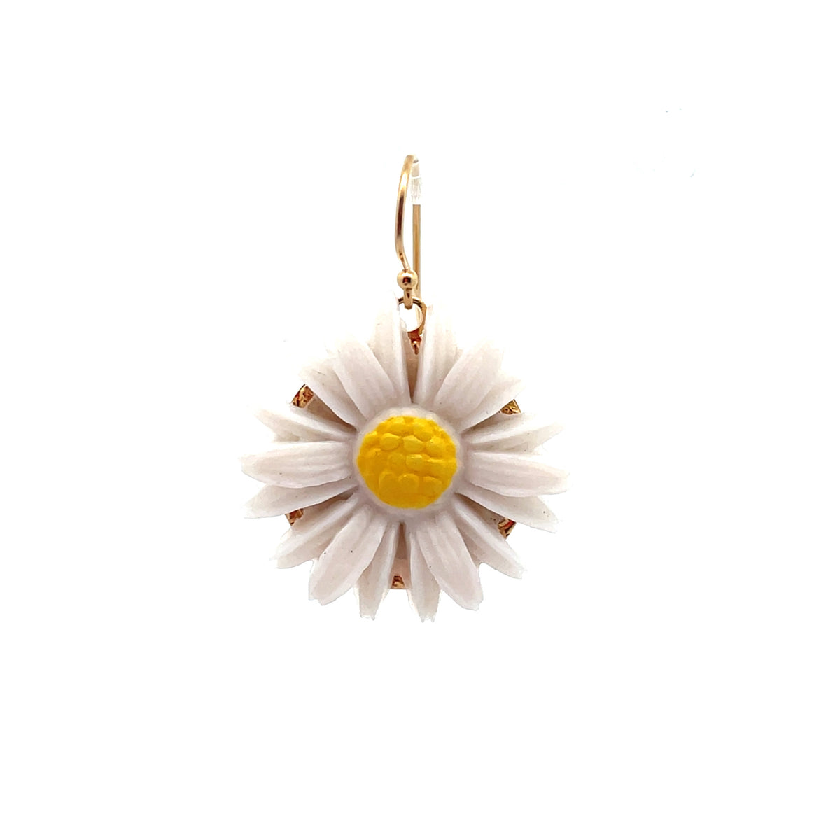 Daisy-shaped earring with gold hook on a white background