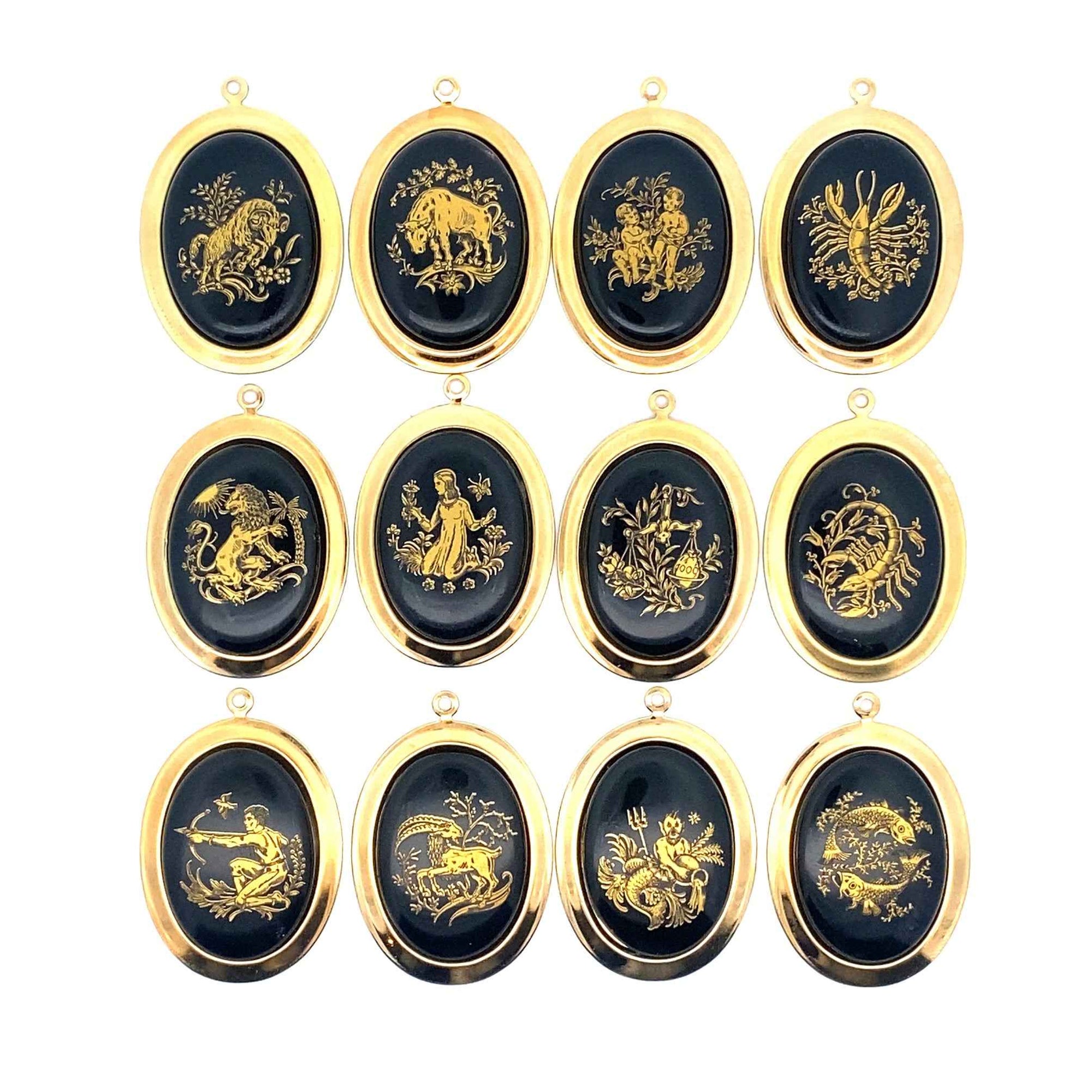 Vintage Black/Gold Glass Zodiac Charm Necklace