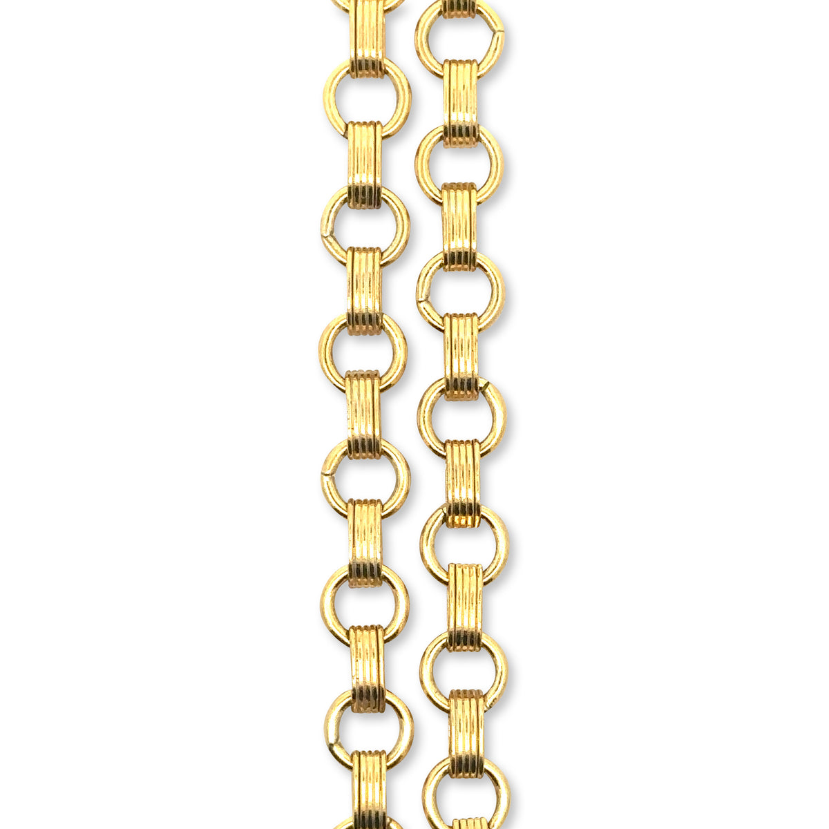Close-up detail shot of two gold chunky round link rolo chains showing chain texture and links on a white background