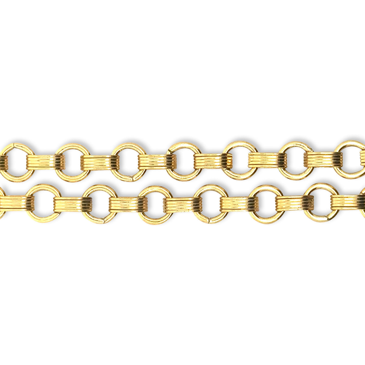 Close-up of two gold rolo round link chain necklaces in different sizes on a white background showing the heavy and medium weight chain link styles for charm necklaces