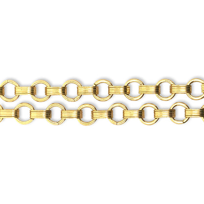 Close-up of two gold rolo round link chain necklaces in different sizes on a white background showing the heavy and medium weight chain link styles for charm necklaces
