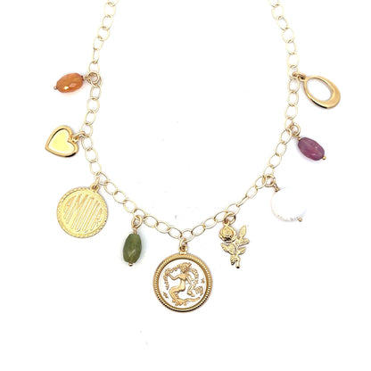 Gold charm necklace on a round link chain featuring a Virgo maiden zodiac coin pendant, Amour engraved disc, gold heart charm, rose charm, freshwater pearl, and orange carnelian, green jade, and purple gemstone beads on a white background