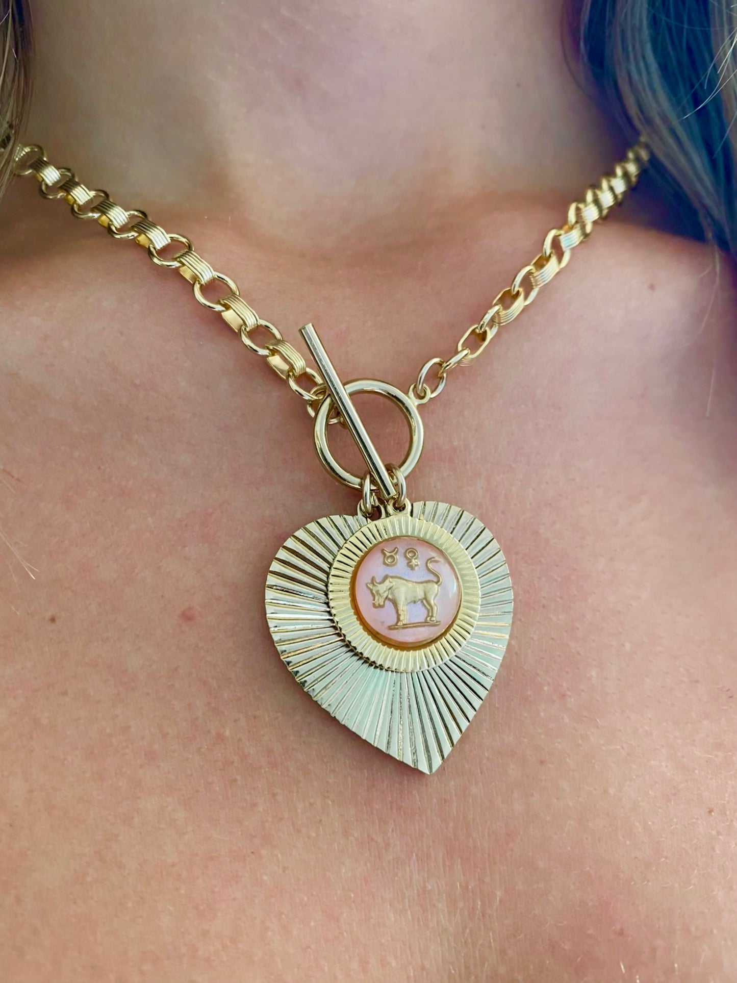 Ribbed Heart & Pink Zodiac Toggle Necklace
