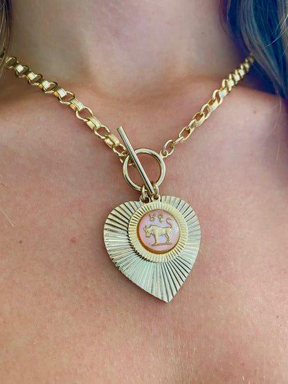 Ribbed Heart & Pink Zodiac Toggle Necklace