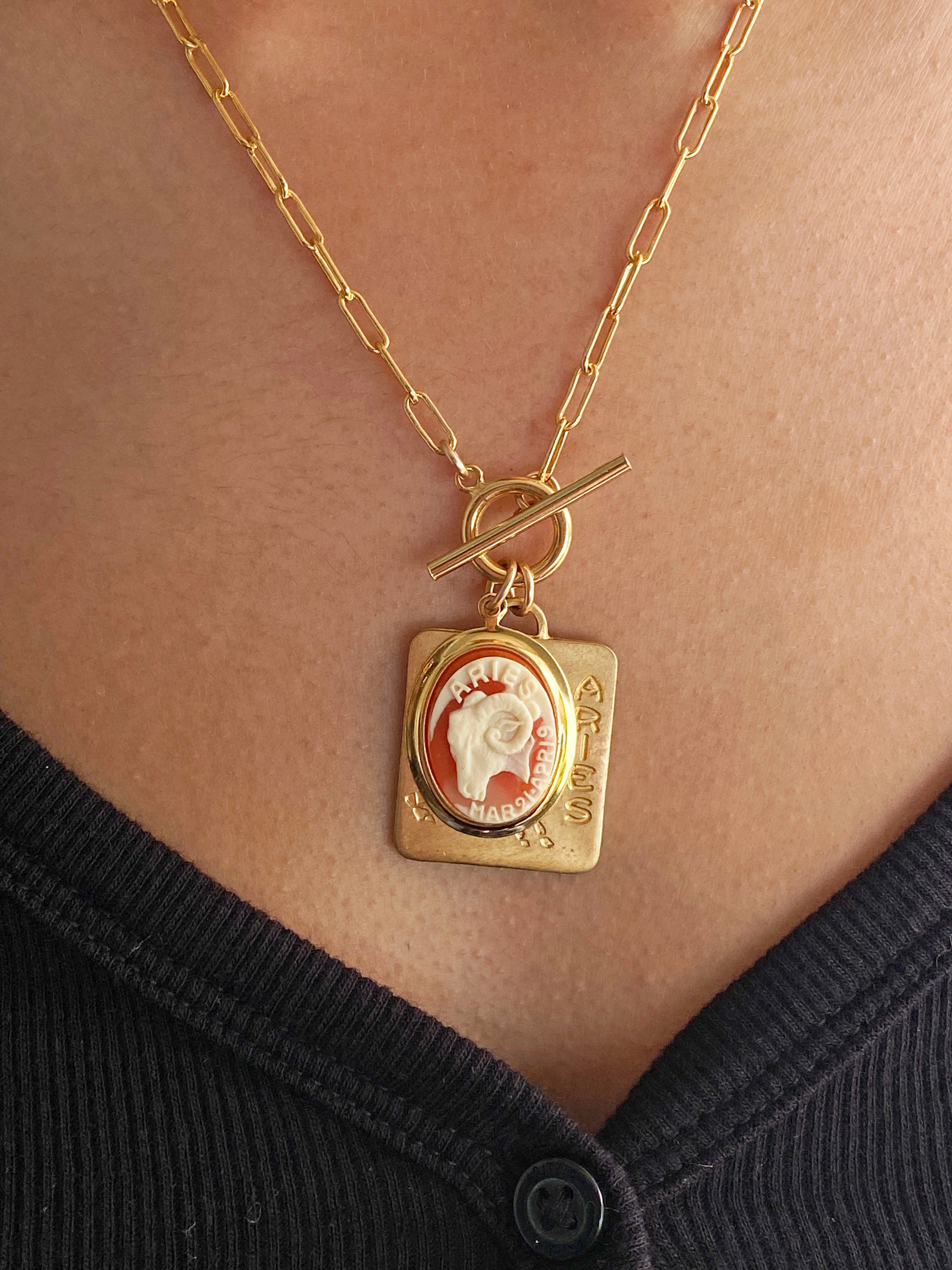 A vintage cameo and brass dog necklace with a gold plating, displayed on a person's neck.