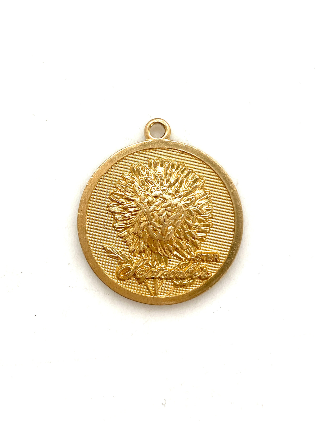 Gold embossed September aster birth month flower coin pendant charm on a white background