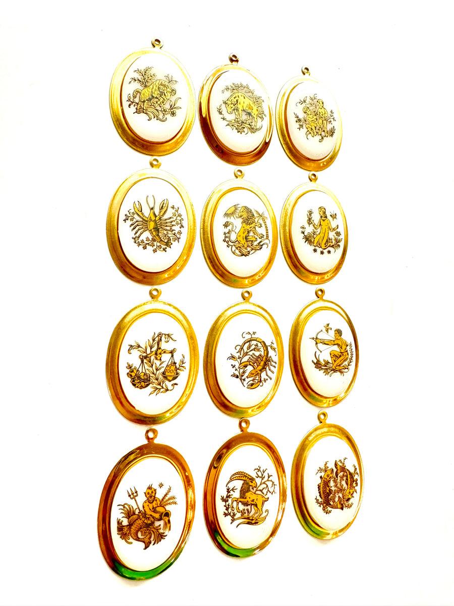 Vintage White/Gold Glass Zodiac Charm Necklace