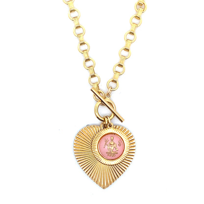 Ribbed Heart & Pink Zodiac Necklace