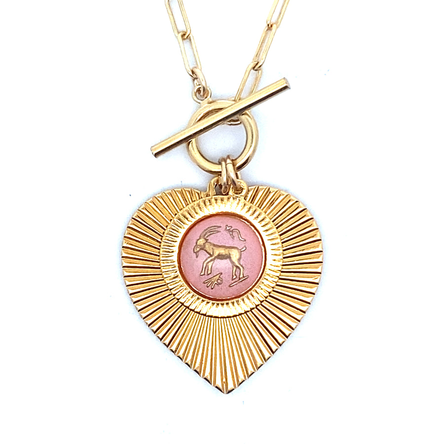 Ribbed Heart & Pink Zodiac Toggle Necklace *Zodiac Jules & Loving Way Collaboration*