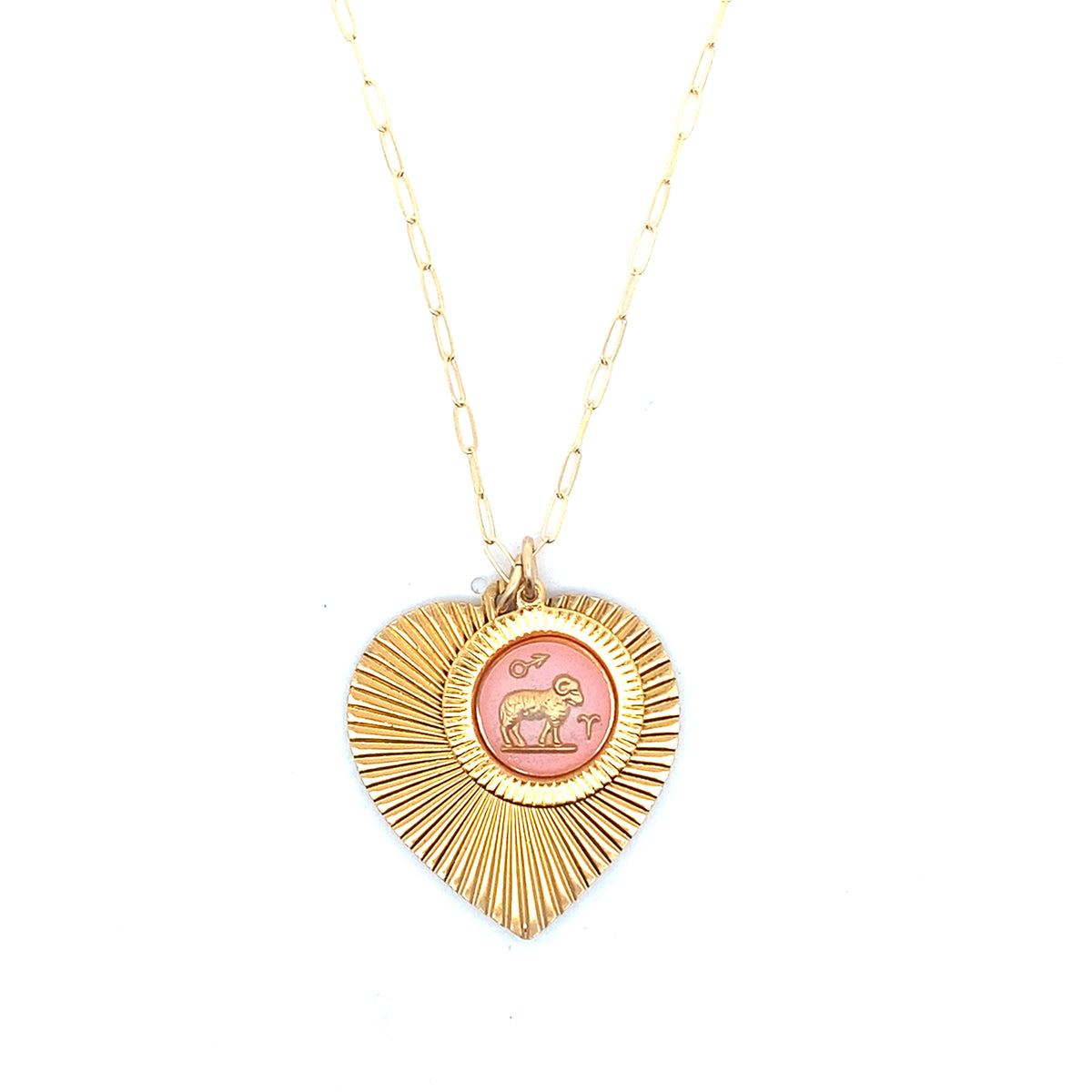Ribbed Heart & Pink Zodiac Necklace