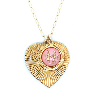 Ribbed Heart & Pink Zodiac Necklace