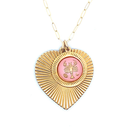 Ribbed Heart & Pink Zodiac Necklace