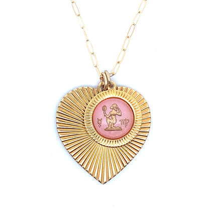 Ribbed Heart & Pink Zodiac Necklace