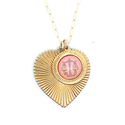 Ribbed Heart & Pink Zodiac Necklace