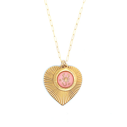 Ribbed Heart & Pink Zodiac Necklace