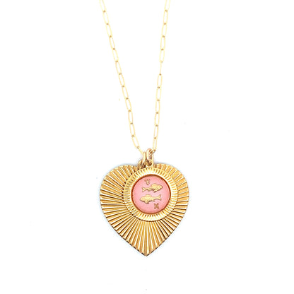 Ribbed Heart & Pink Zodiac Necklace