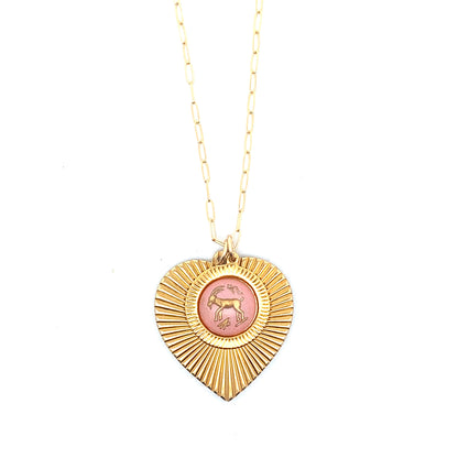Ribbed Heart & Pink Zodiac Necklace