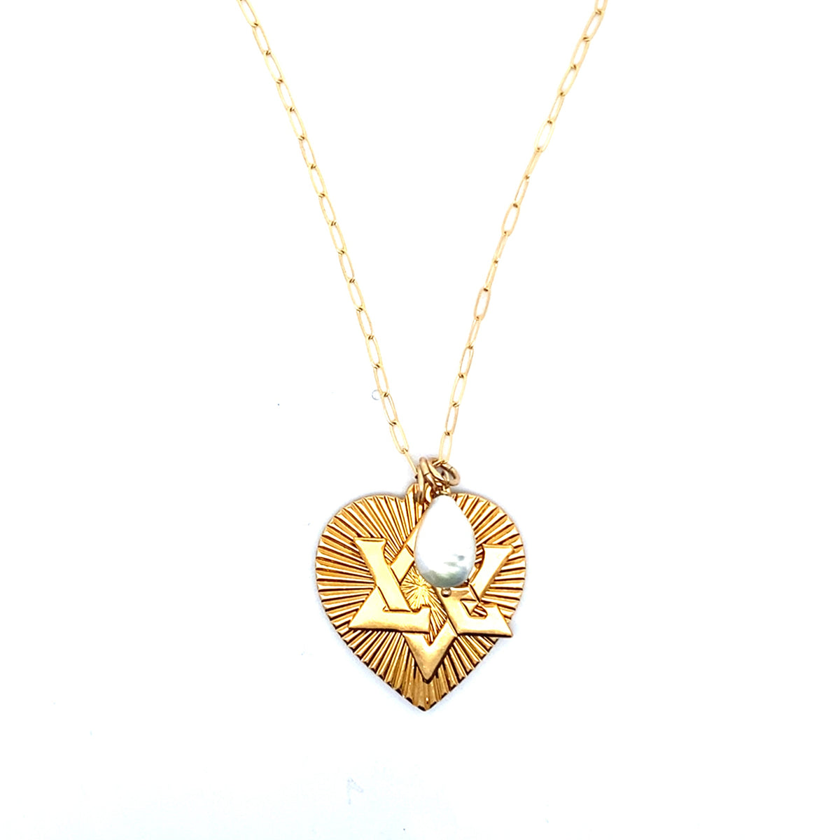 Full-length view of a gold ribbed heart pendant necklace with Star of David design and pearl accent on a gold paperclip chain against a white background