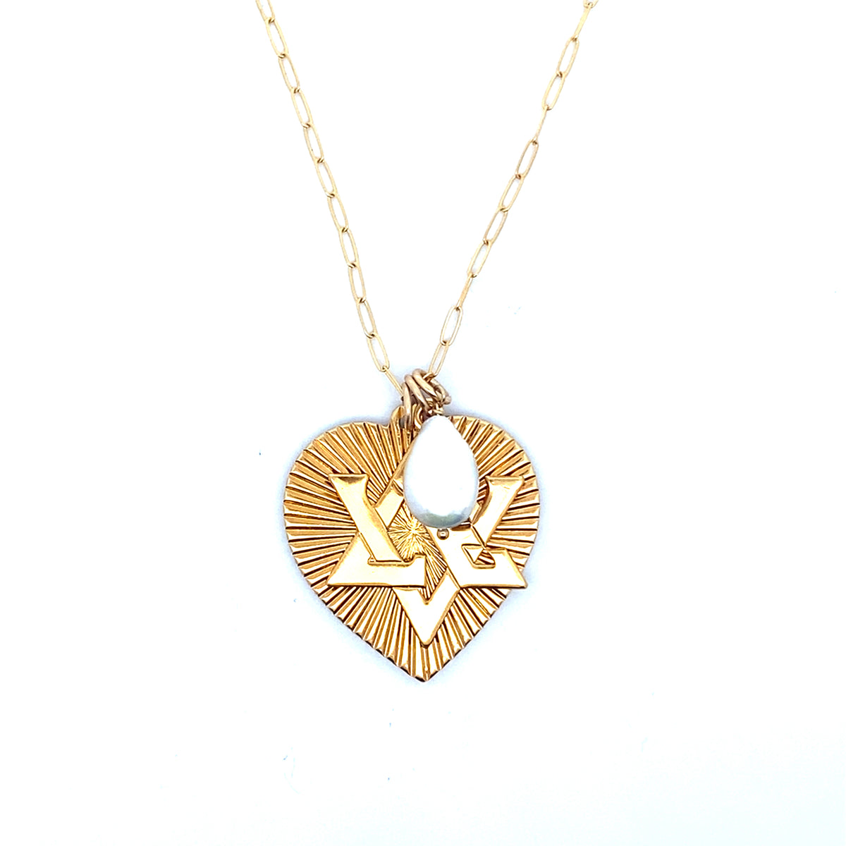 A gold ribbed heart pendant with Star of David design and teardrop moonstone accent on a gold satellite chain against a white background