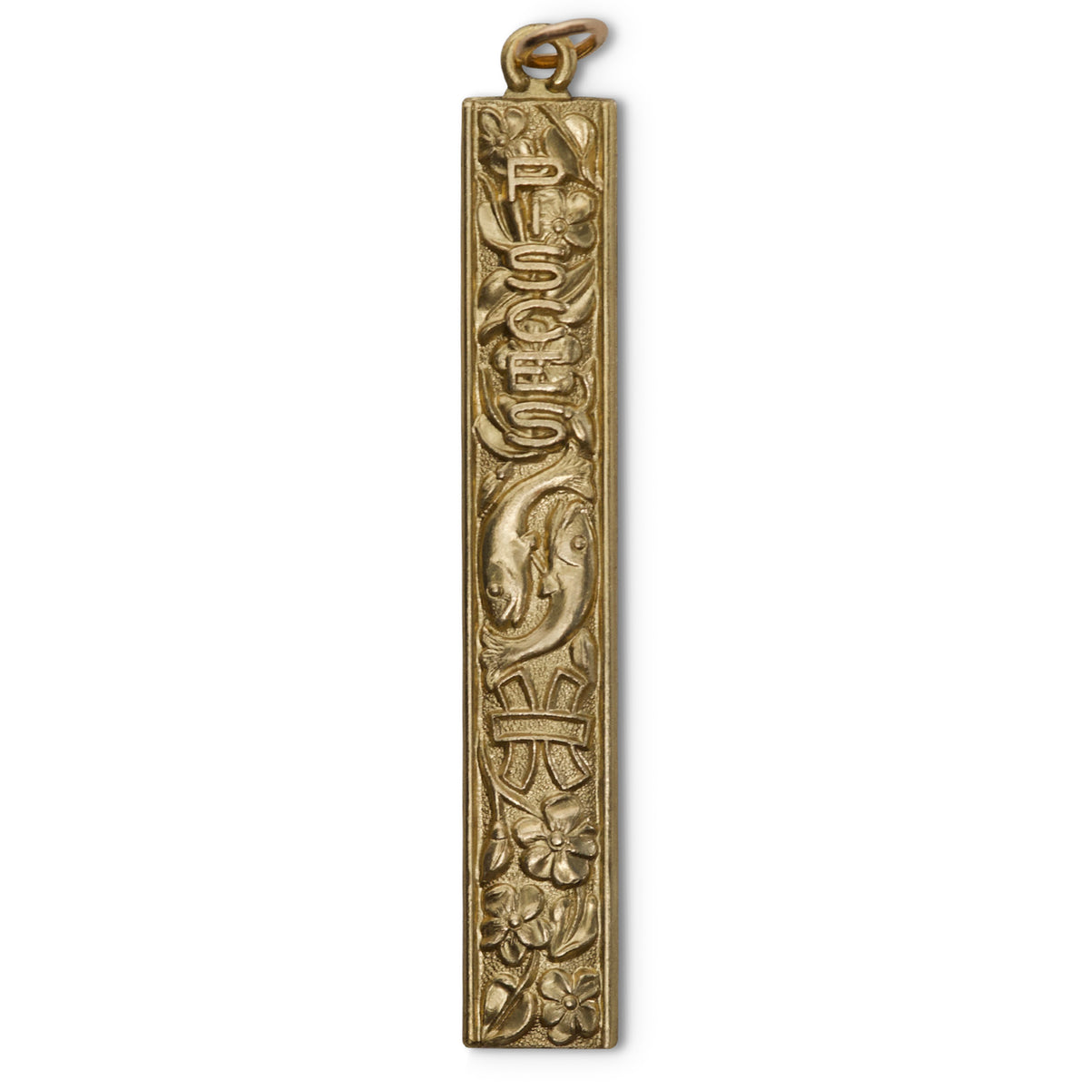 Gold vertical bar pendant charm with embossed Pisces zodiac design featuring fish and floral motifs on a white background