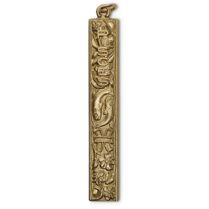 Gold vertical bar pendant charm with embossed Pisces zodiac design featuring fish and floral motifs on a white background