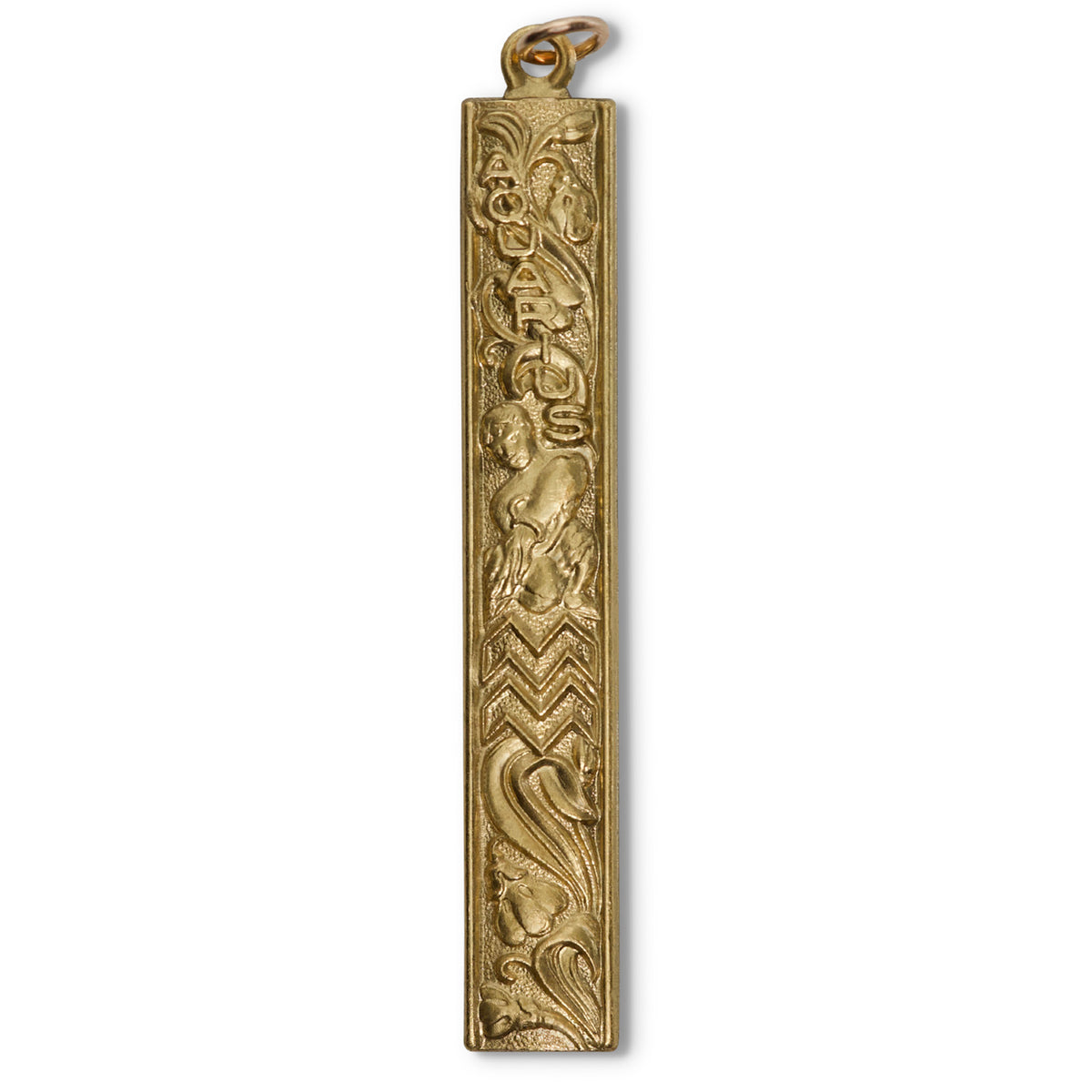 Gold vertical bar pendant charm with embossed Aquarius zodiac design featuring a water bearer and wave motifs on a white background