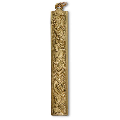 Gold vertical bar pendant charm with embossed Aquarius zodiac design featuring a water bearer and wave motifs on a white background