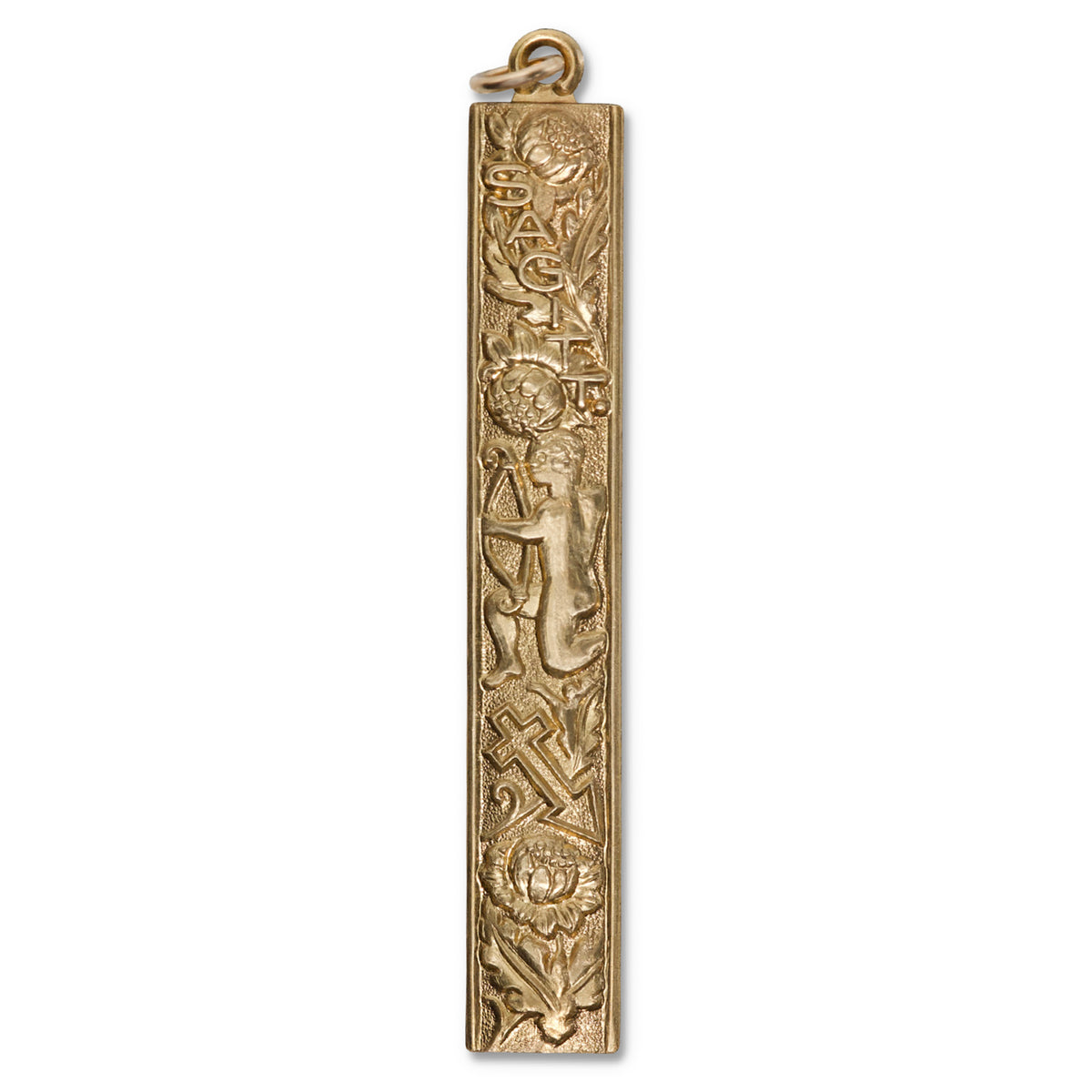 Gold vertical bar pendant charm with embossed Sagittarius zodiac design featuring an archer and decorative motifs on a white background