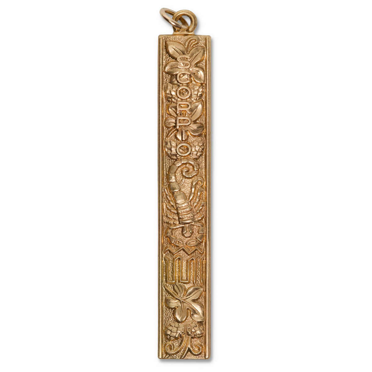 Gold vertical bar pendant charm with embossed Scorpio zodiac design featuring a scorpion and decorative motifs on a white background