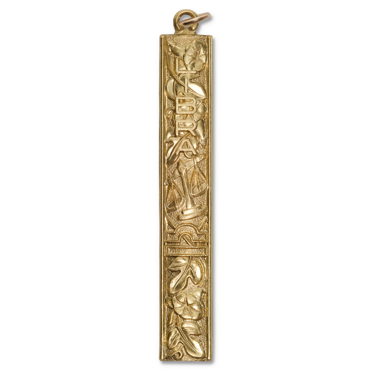 Gold vertical bar pendant charm with embossed Libra zodiac design featuring scales and decorative motifs on a white background