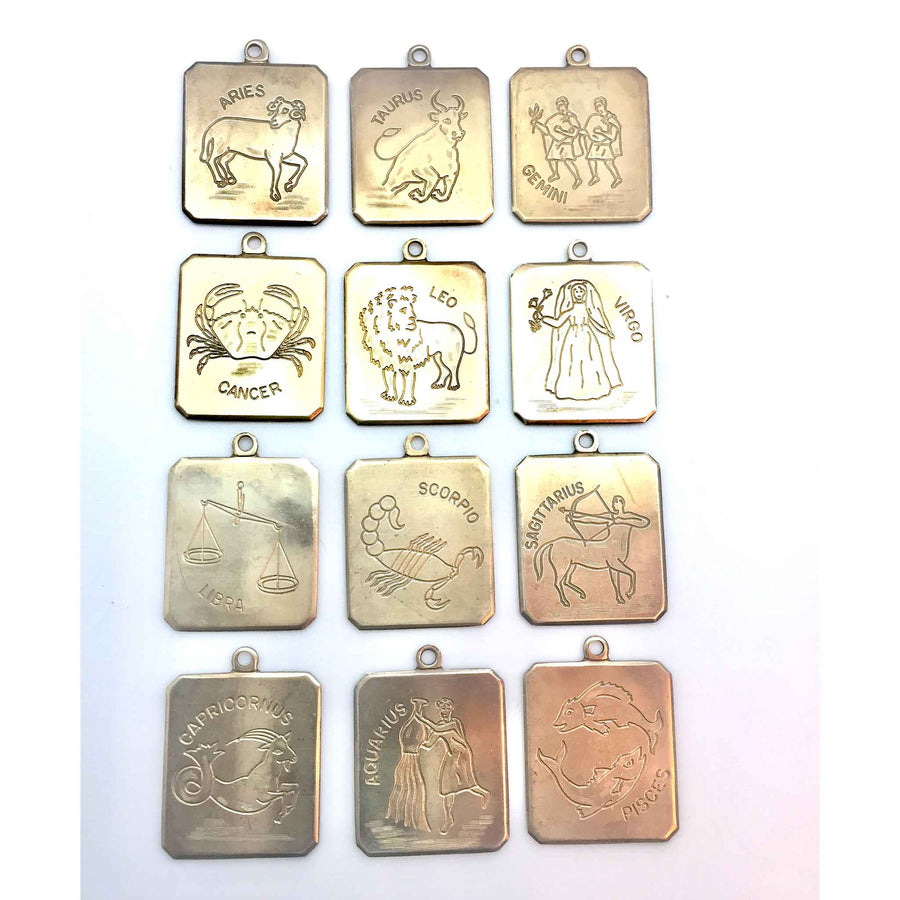 all twelve zodiac sign in vintage brass rectangle charms