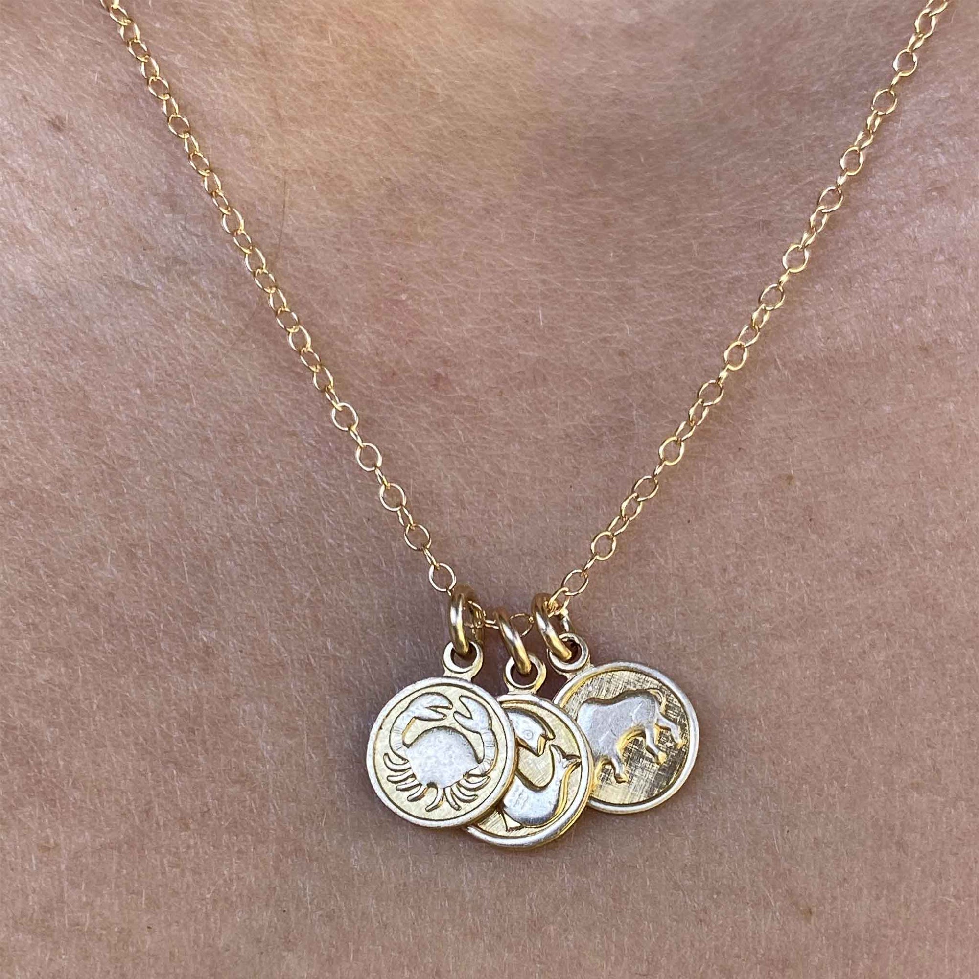 closeup up image of woman wearing multiple tiny vintage zodiac sign charms