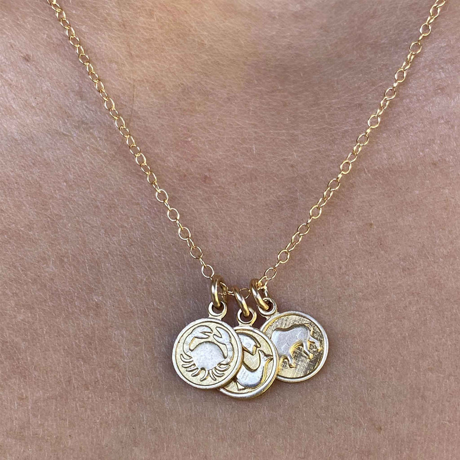 closeup up image of woman wearing multiple tiny vintage zodiac sign charms