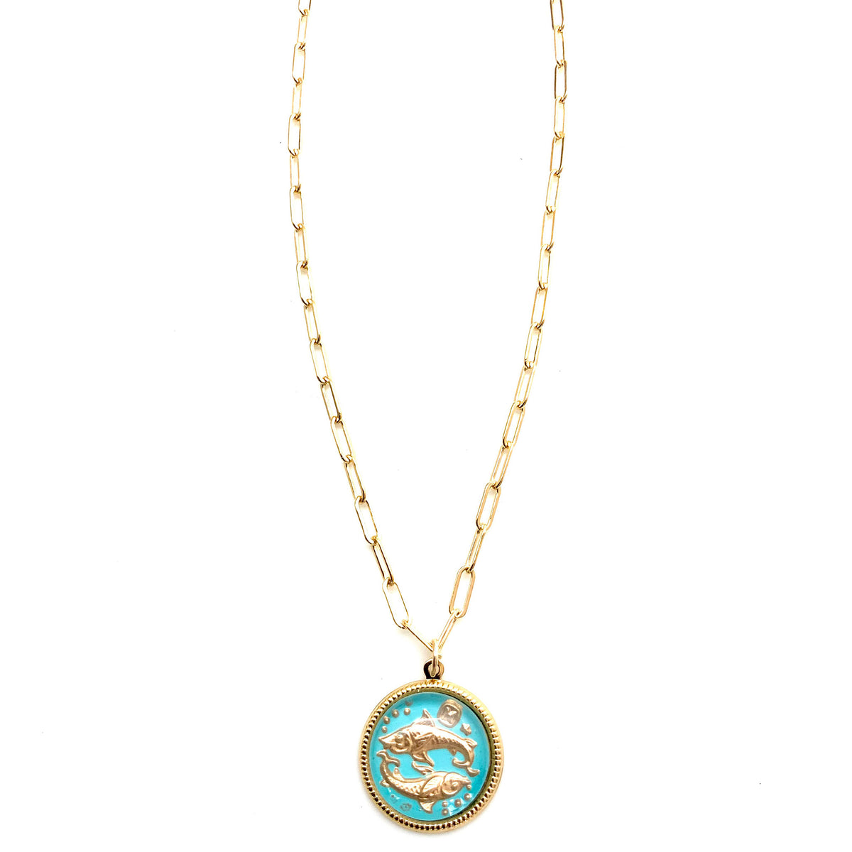 Vintage Glass Paperclip Chain Necklace With Glass Zodiac Charm